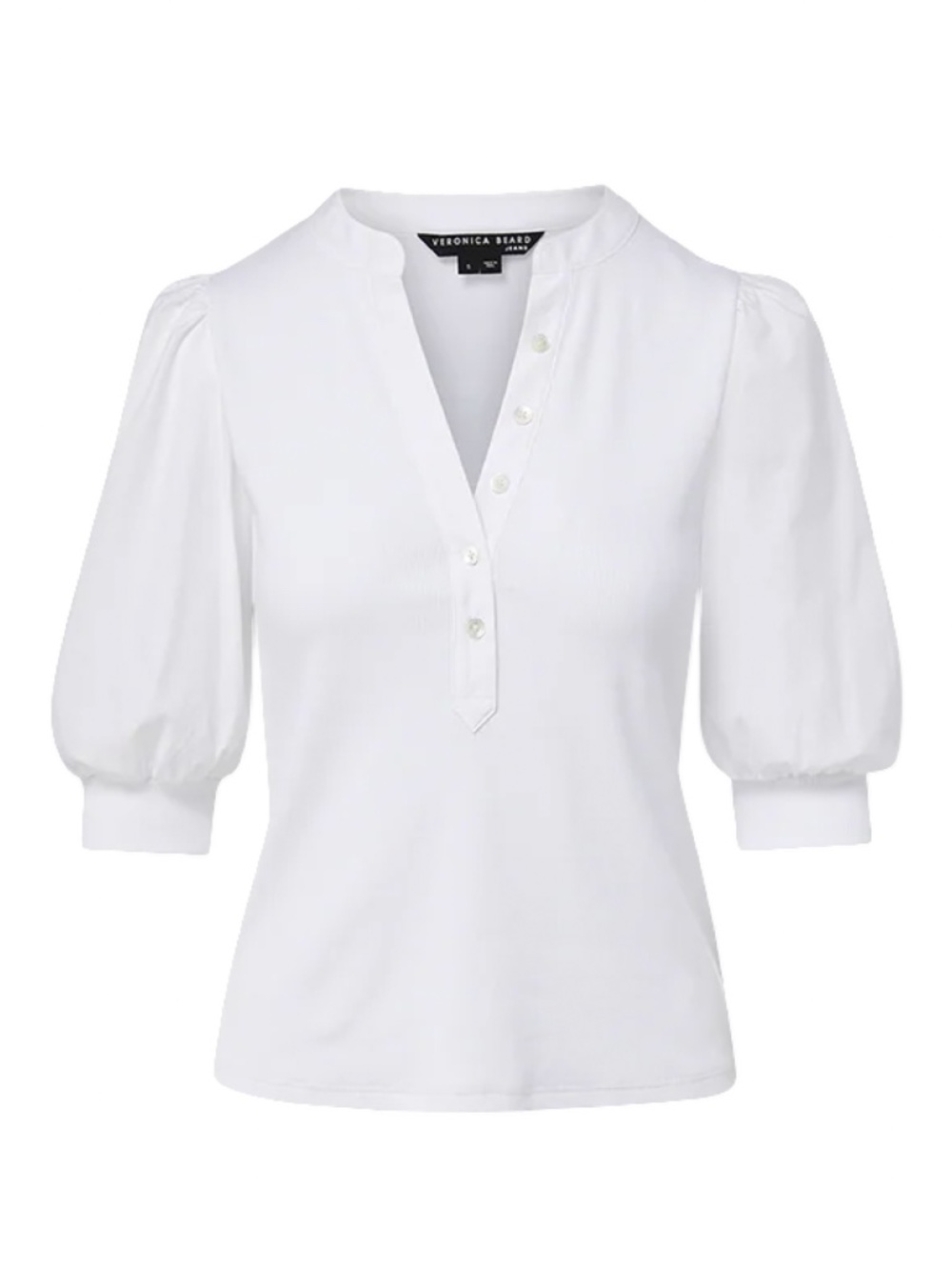 Veronica Beard Coralee Knit Top White L Puff Sleeve Button Front NWT